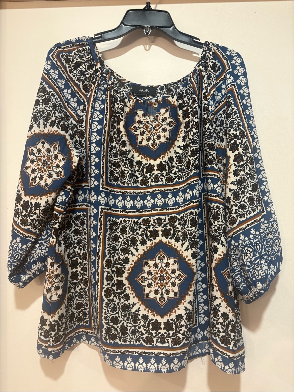 AGB Blue and Cream Medallion Print Peasant Tunic